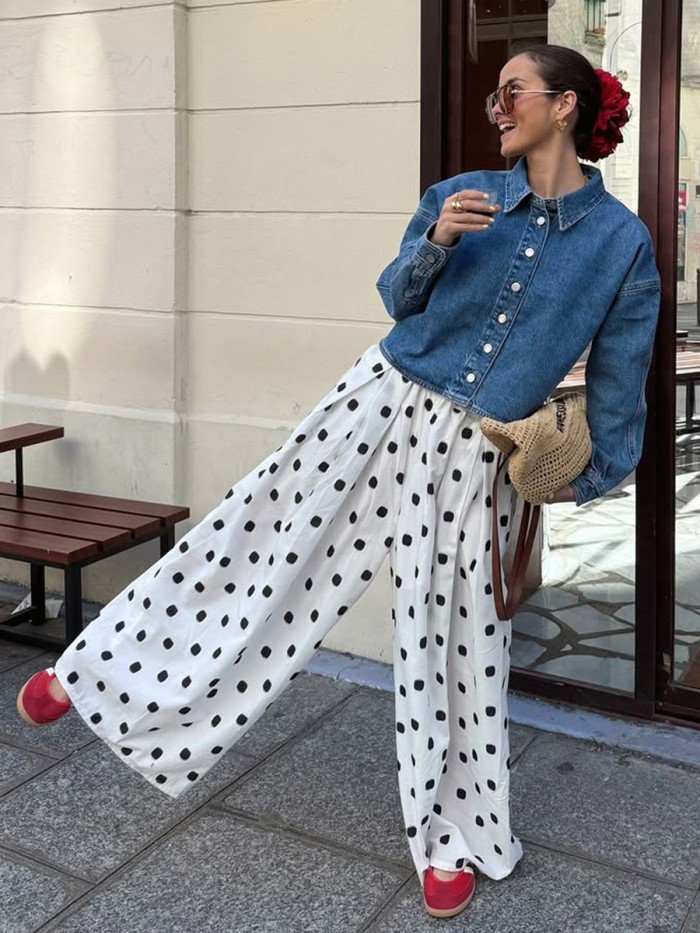 Polka-Dot Pleated Contrast Color Wide Leg Loose Trousers Pants