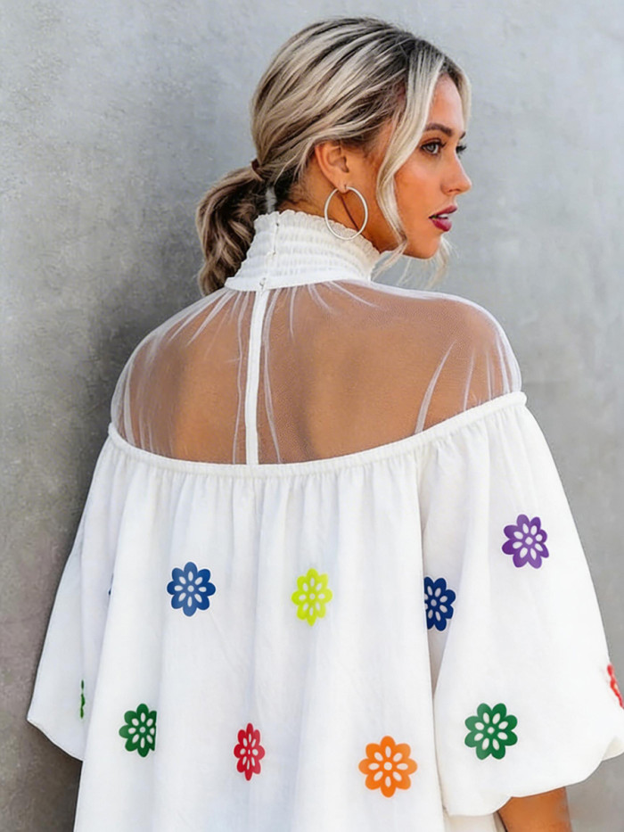 Split-Joint See-Through Pleated Flower Print Contrast Color Loose Half Sleeves High Neck Blouses&shirts Tops