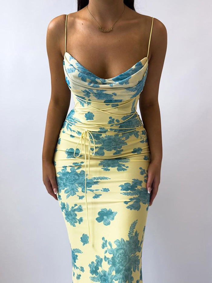 Tied Split-Joint Flower Print Contrast Color Sleeveless Plus Size Spaghetti-Neck Maxi Dresses