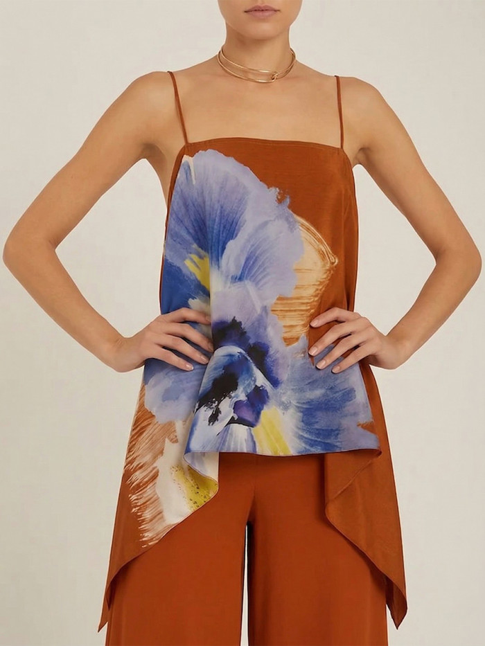 Flower Print Contrast Color Sleeveless Loose Spaghetti-Neck Tank Top Camis