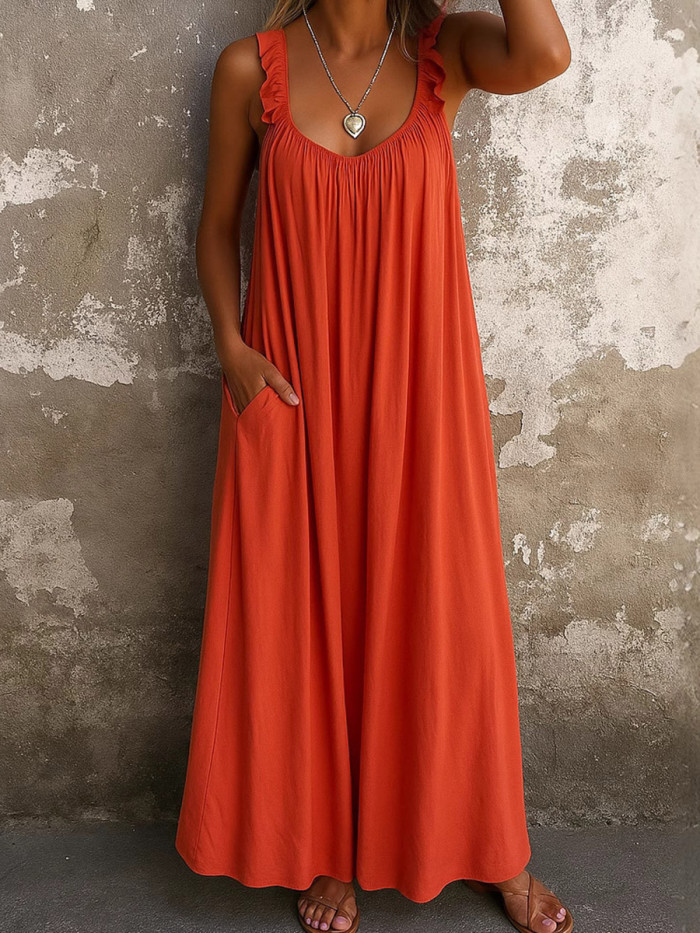 Split-Joint Solid Color Ruffled Pockets Pleated Sleeveless Plus Size U-Neck Maxi Dresses