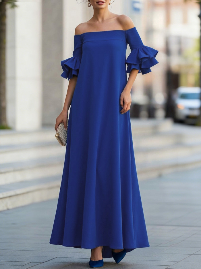 Solid Color Ruffle Sleeves Loose Off-The-Shoulder Maxi Dresses