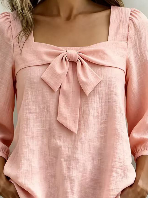 Split-Joint Solid Color Pleated Bow-Embellished Three-Quarter Sleeves Puff Sleeves Square-Neck Blouses&Shirts Tops