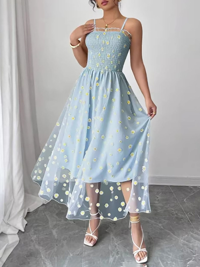 Pleated Layered Flower Print Sleeveless High Waisted Spaghetti-Neck Midi Dresses