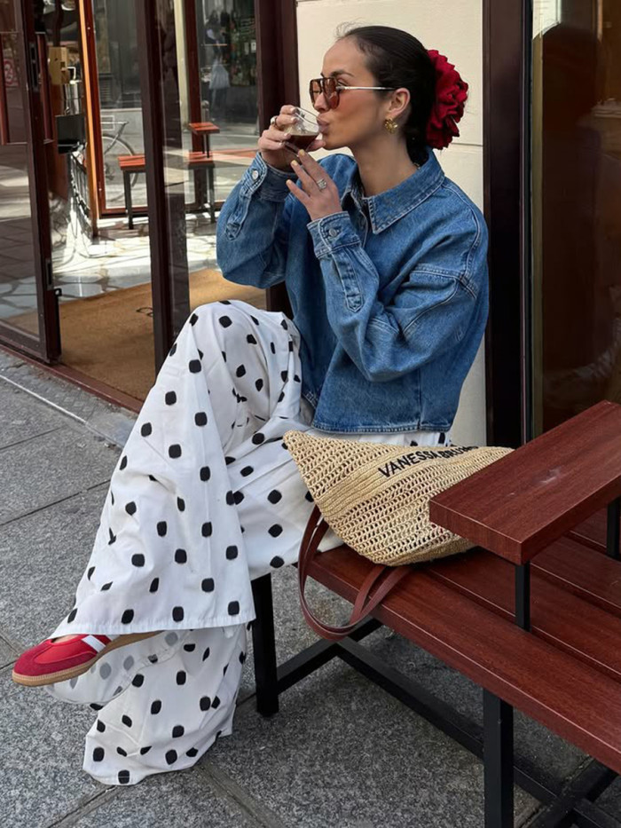Polka-Dot Pleated Contrast Color Wide Leg Loose Trousers Pants