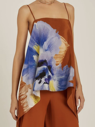 Flower Print Contrast Color Sleeveless Loose Spaghetti-Neck Tank Top Camis