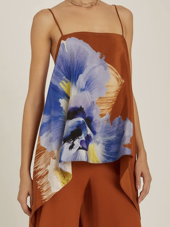 Flower Print Contrast Color Sleeveless Loose Spaghetti-Neck Tank Top Camis