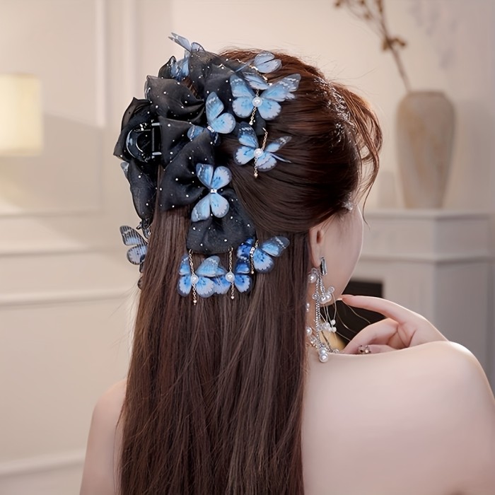 Elegant Butterfly Hair Clip, Acrylic, Mixed Color, Large Size, Single, Sweet Style, Trendy Tassel, Color Block Print, Valentine'S Day Accessory for Hairstyling