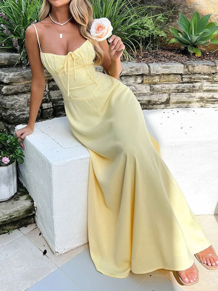 Split-Joint Solid Color Pleated Drawstring Sleeveless Plus Size Spaghetti-Neck Maxi Dresses