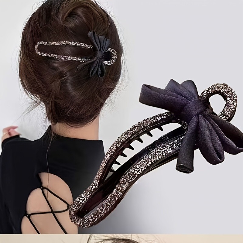 2pcs Set Exquisite Butterfly Rhinestone Inlaid Hair Claw Clip Female Temperament Back of Head Updo Clip New Fashion Duckbill Clip Easy Hair Additions Female