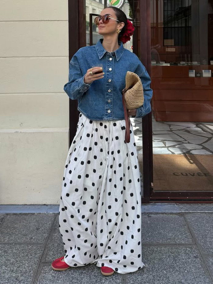 Polka-Dot Pleated Contrast Color Wide Leg Loose Trousers Pants