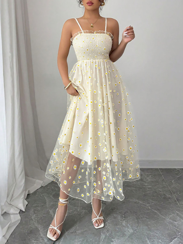 Pleated Layered Flower Print Sleeveless High Waisted Spaghetti-Neck Midi Dresses
