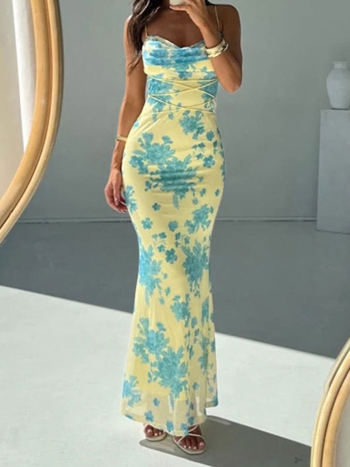 Tied Split-Joint Flower Print Contrast Color Sleeveless Plus Size Spaghetti-Neck Maxi Dresses