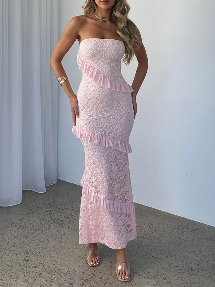 Split-Joint Solid Color Ruffled Sleeveless Bodycon Tube Midi Dresses