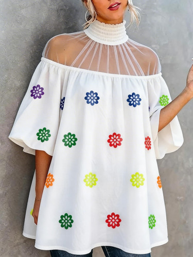 Split-Joint See-Through Pleated Flower Print Contrast Color Loose Half Sleeves High Neck Blouses&shirts Tops