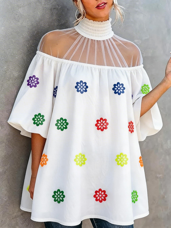 Split-Joint See-Through Pleated Flower Print Contrast Color Loose Half Sleeves High Neck Blouses&shirts Tops
