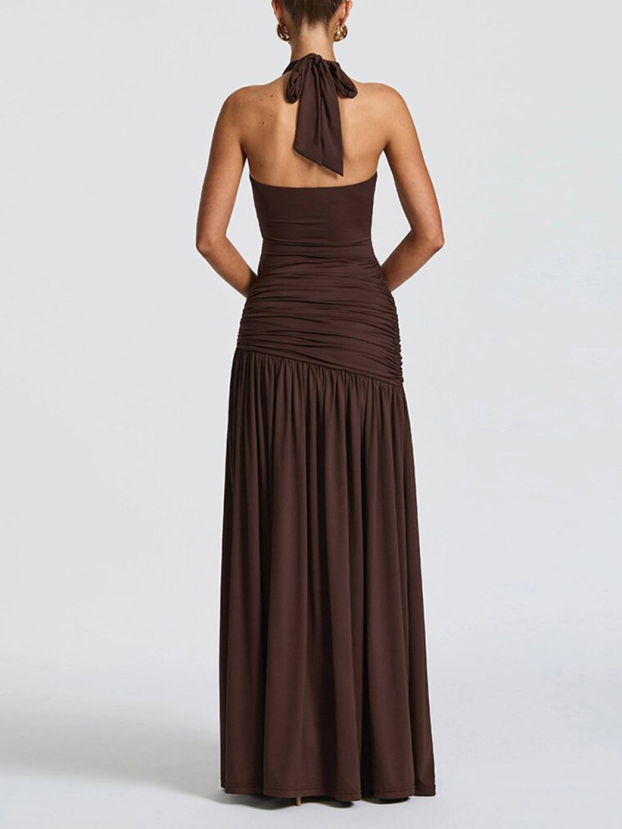 Split-Side Split-Joint Solid Color Pleated Buckle Sleeveless High Waisted Halter-Neck Maxi Dresses