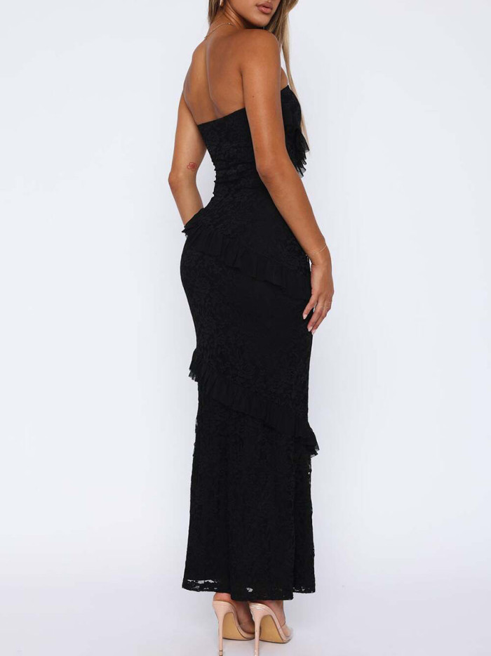 Split-Joint Solid Color Ruffled Sleeveless Bodycon Tube Midi Dresses