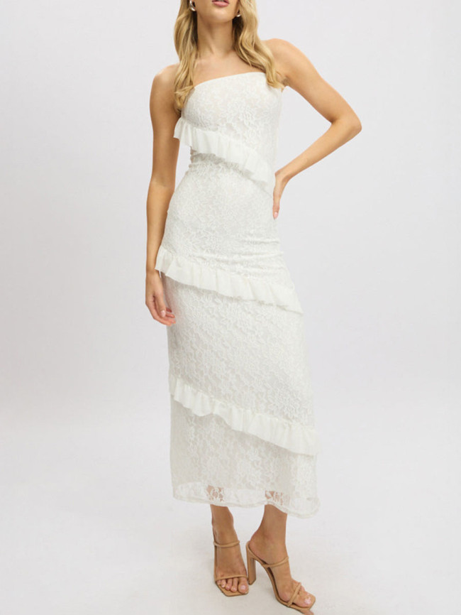 Split-Joint Solid Color Ruffled Sleeveless Bodycon Tube Midi Dresses
