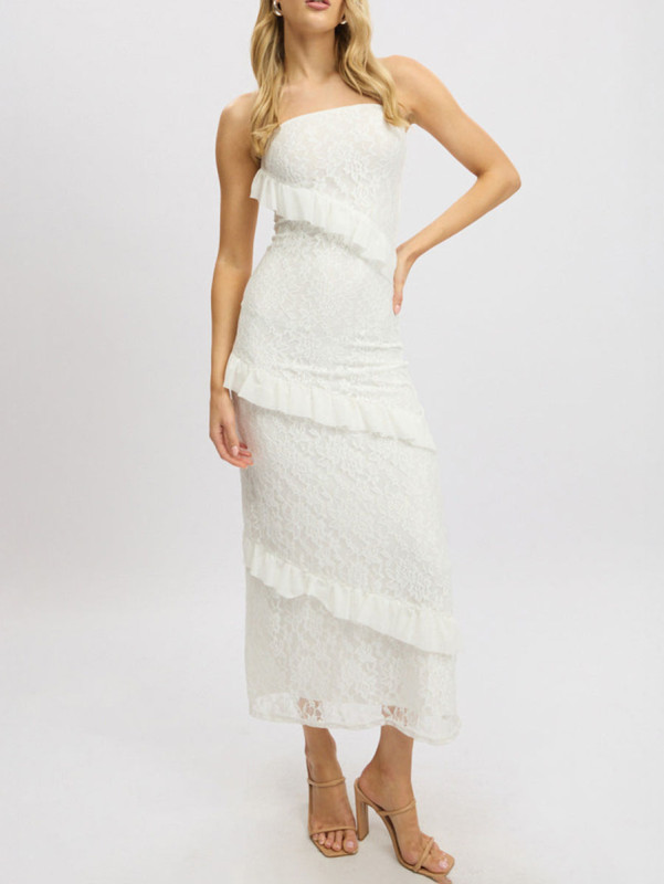 Split-Joint Solid Color Ruffled Sleeveless Bodycon Tube Midi Dresses