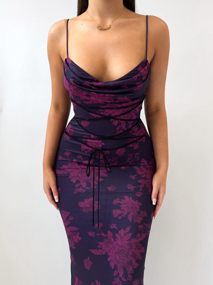 Tied Split-Joint Flower Print Contrast Color Sleeveless Plus Size Spaghetti-Neck Maxi Dresses