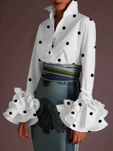 Flared Sleeves Long Sleeves Flower Print Split-Joint Tiered Lapel Blouses&Shirts Tops
