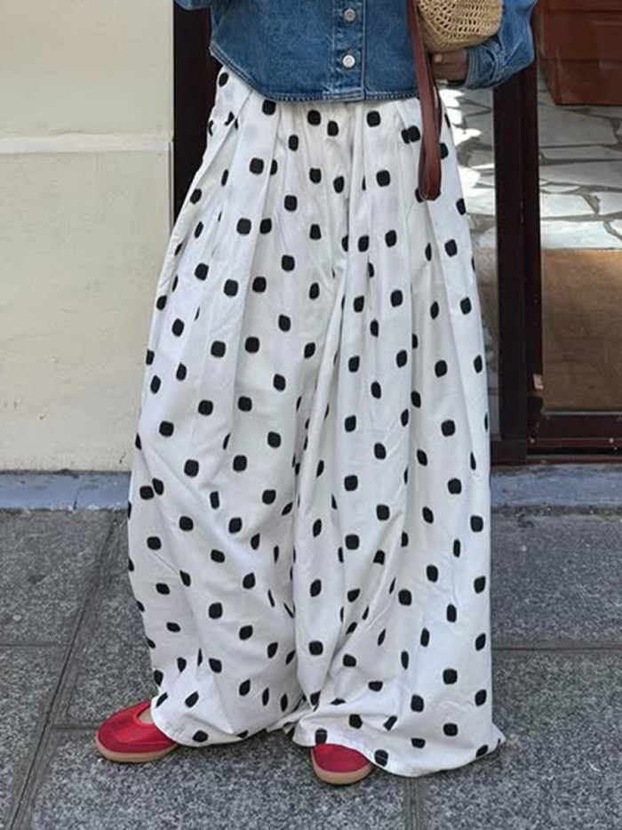 Polka-Dot Pleated Contrast Color Wide Leg Loose Trousers Pants