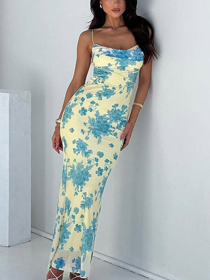 Tied Split-Joint Flower Print Contrast Color Sleeveless Plus Size Spaghetti-Neck Maxi Dresses