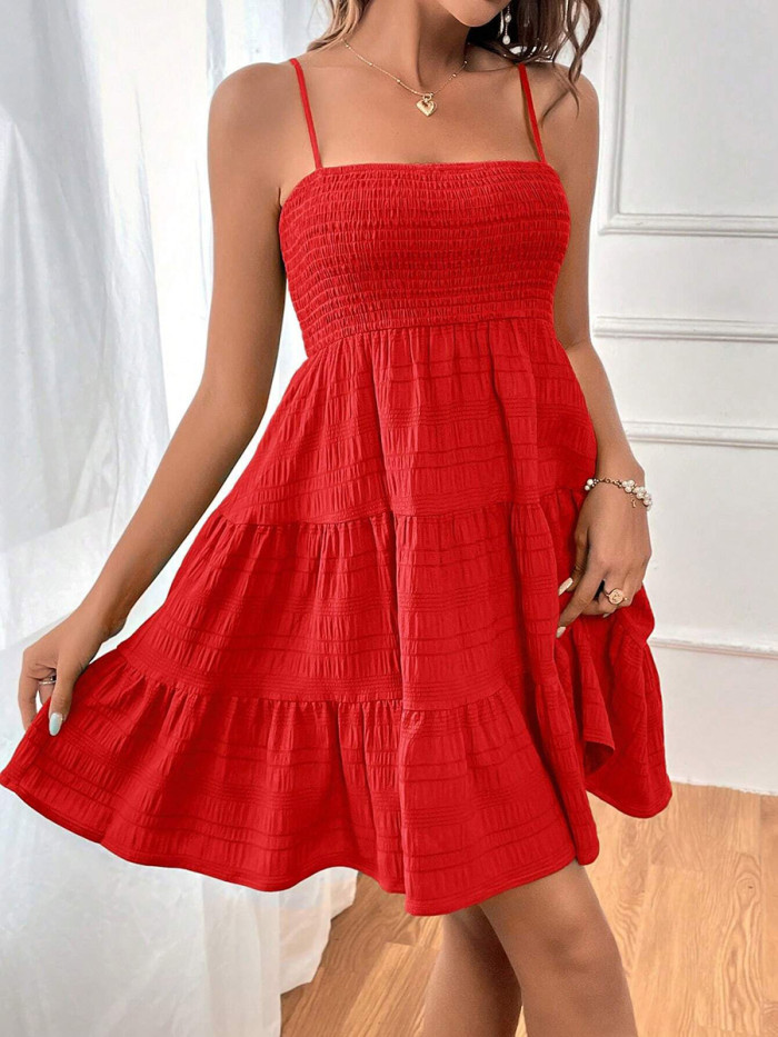 Split-Joint Solid Color Pleated Sleeveless High Waisted Spaghetti-Neck Mini Dresses