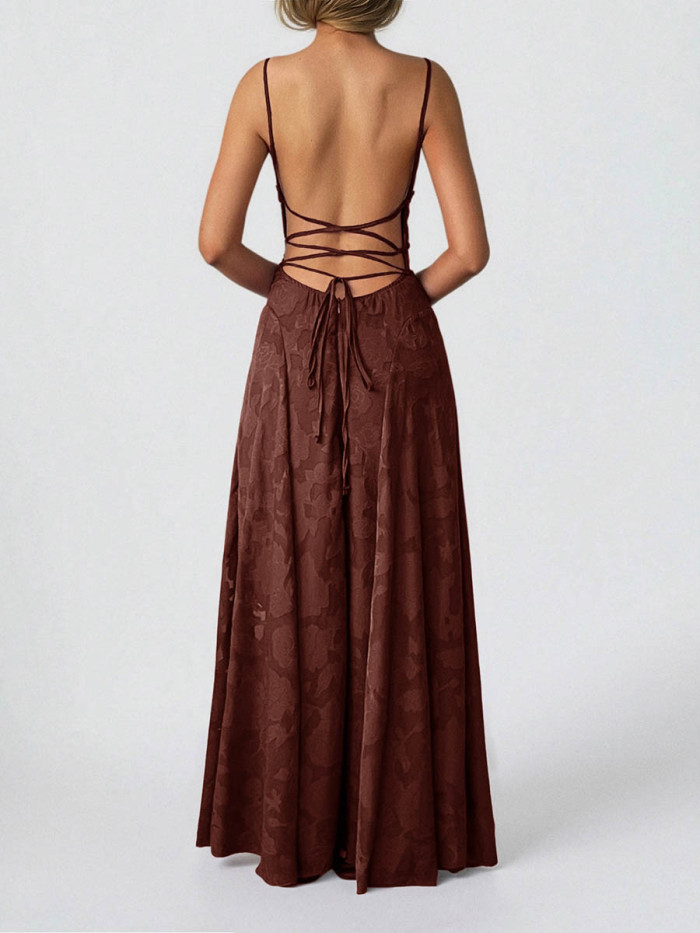 Solid Color Pleated Jacquard Sleeveless High Waisted Spaghetti-Neck Maxi Dresses