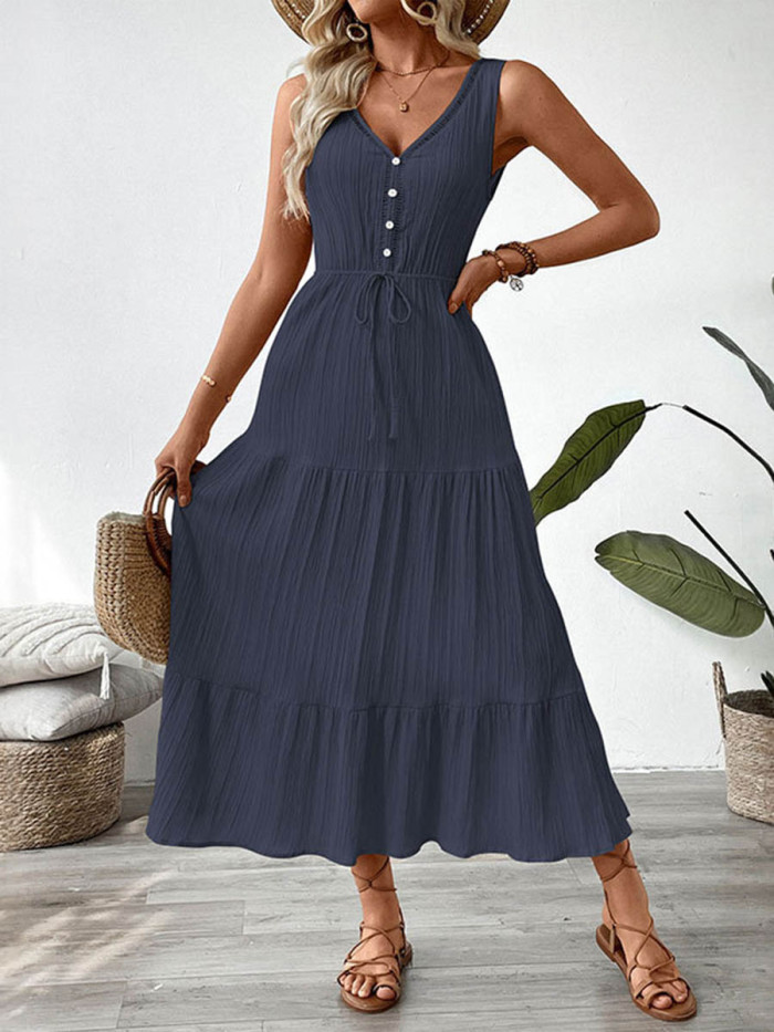 Tied Waist Solid Color Pleated Buttoned Sleeveless High Waisted V-Neck Maxi Dresses