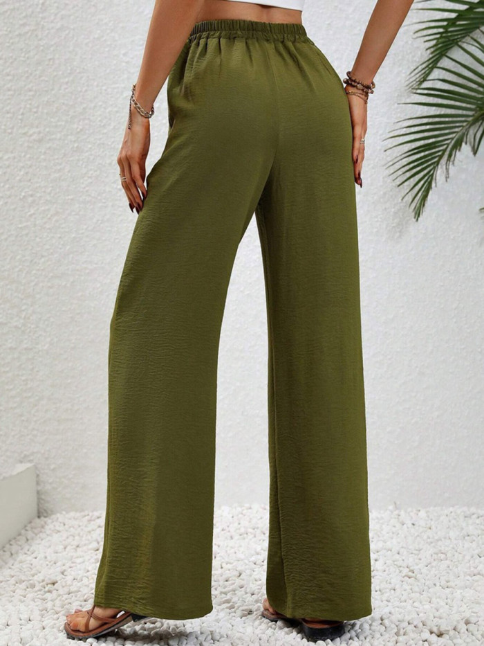 Tied Waist Solid Color Pleated Elasticity Wide Leg Loose Trousers Pants