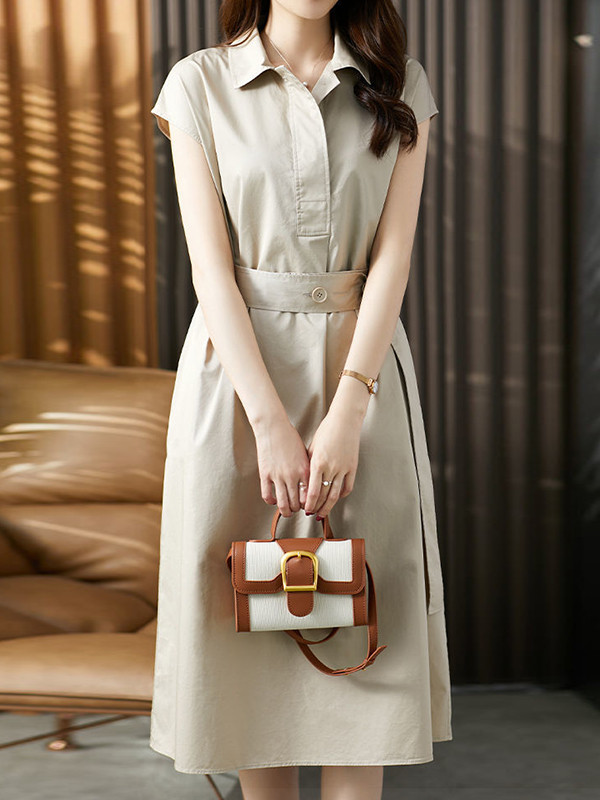 Solid Color Bandage Short Sleeves Plus Size Lapel Midi Dresses