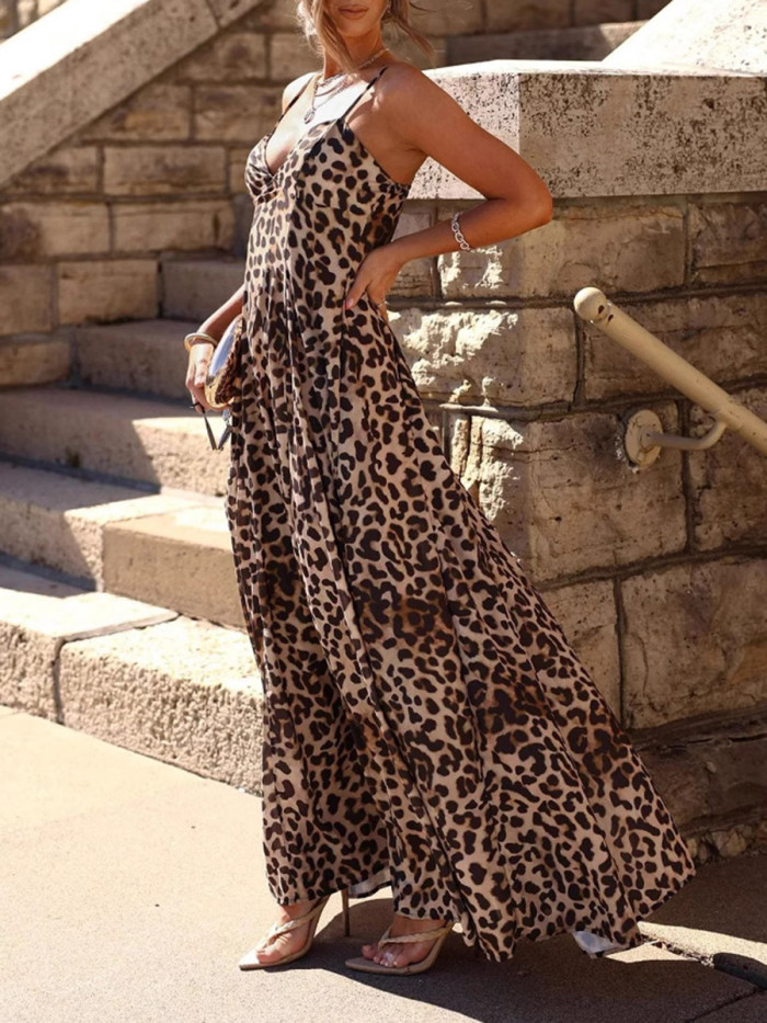 Pleated Leopard Contrast Color Backless Sleeveless High Waisted Spaghetti-Neck Maxi Dresses