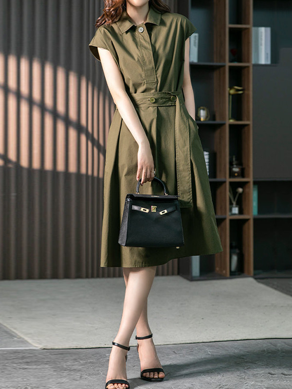 Solid Color Bandage Short Sleeves Plus Size Lapel Midi Dresses