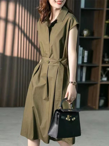 Solid Color Bandage Short Sleeves Plus Size Lapel Midi Dresses