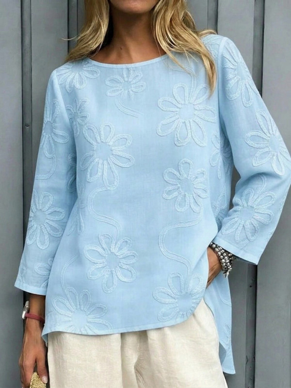 Solid Color Jacquard Loose Long Sleeves Round-Neck Blouses&Shirts Tops