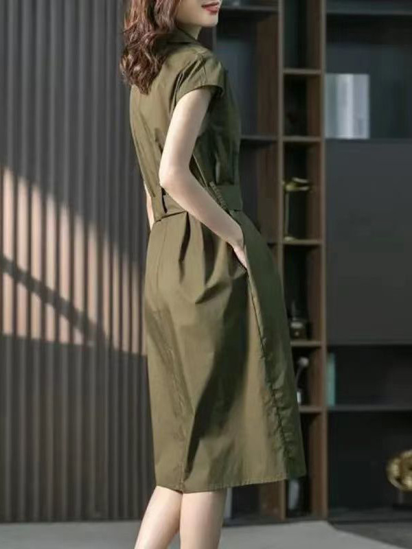 Solid Color Bandage Short Sleeves Plus Size Lapel Midi Dresses