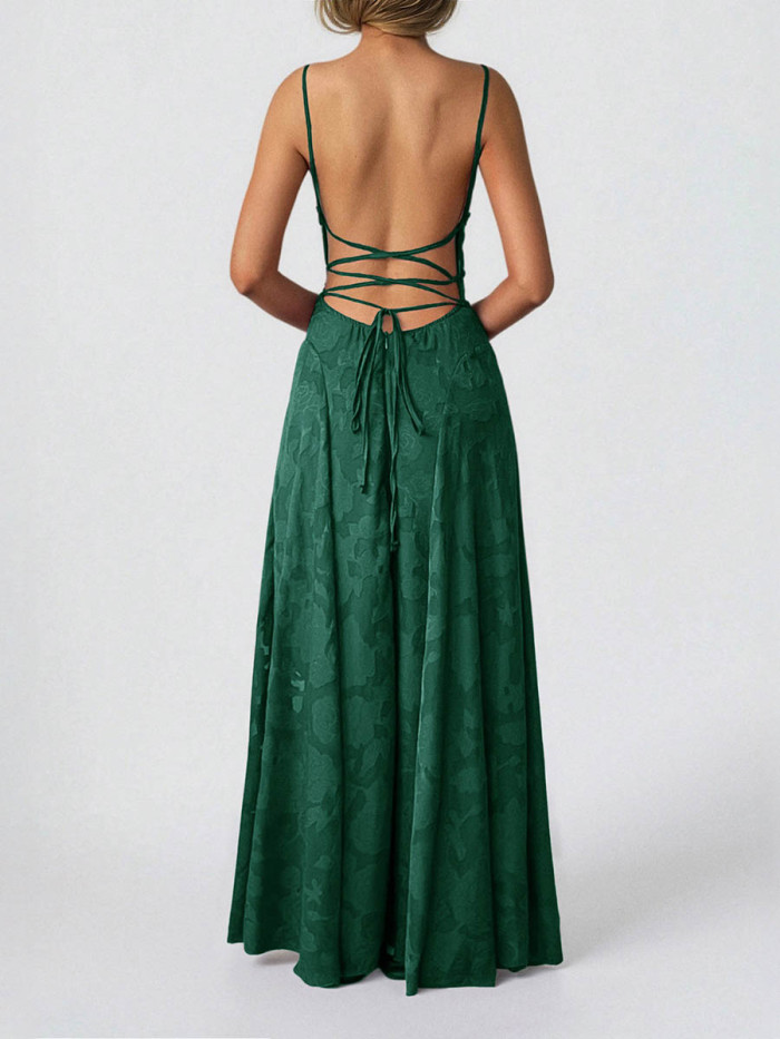 Solid Color Pleated Jacquard Sleeveless High Waisted Spaghetti-Neck Maxi Dresses