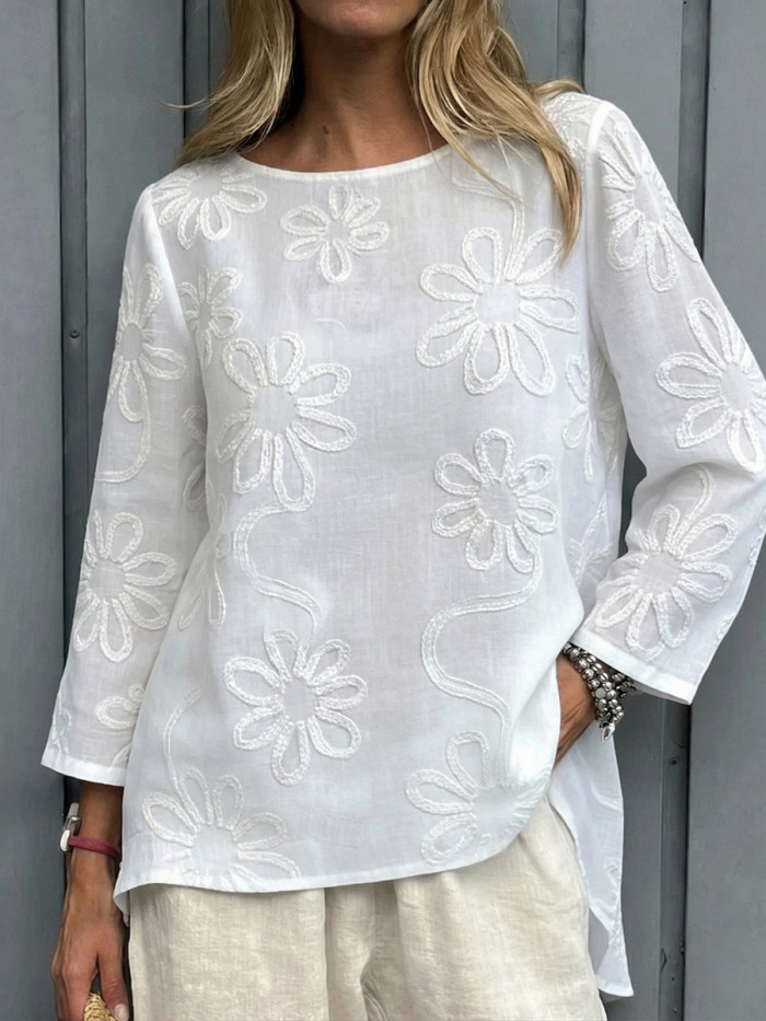 Solid Color Jacquard Loose Long Sleeves Round-Neck Blouses&Shirts Tops