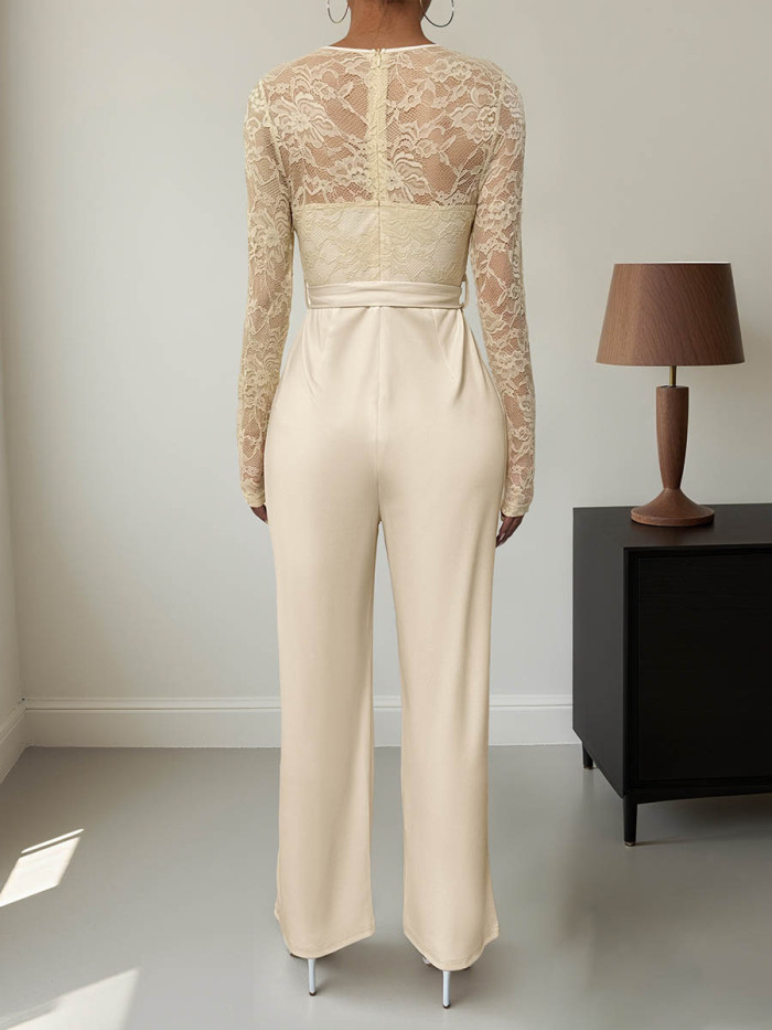 Tied Waist Split-Joint Solid Color See-Through Long Sleeves High Waisted Round-Neck Jumpsuits