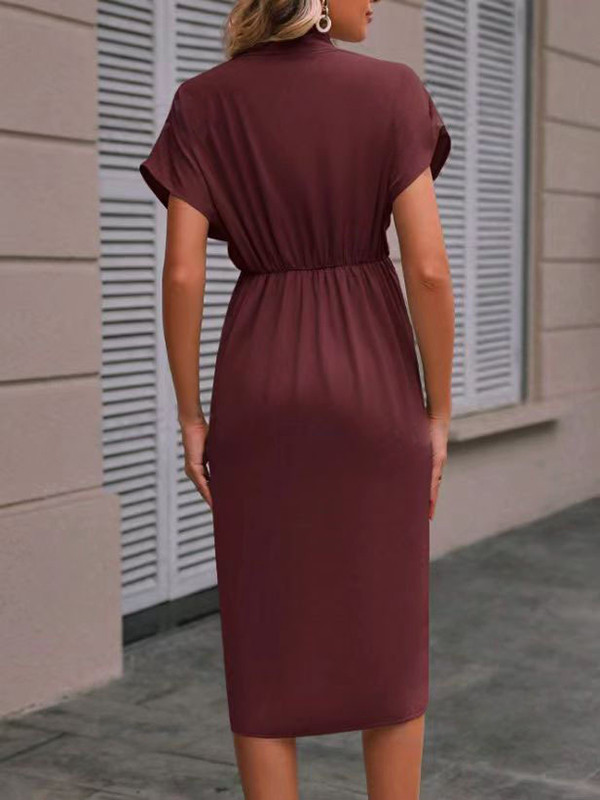 Split-Front Solid Color Pleated Knot Short Sleeves Loose V-Neck Midi Dresses