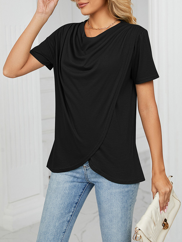 Split-Joint Solid Color Pleated Short Sleeves Loose Round-Neck T-Shirts