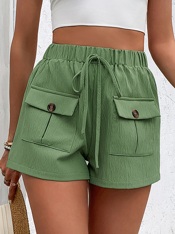 Solid Color Pockets Elasticity Drawstring Buttoned Loose High Waisted Shorts Bottoms