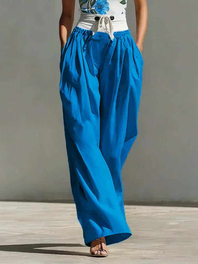 Tied Waist Split-Joint Pockets Pleated Contrast Color Buttoned Wide Leg High Waisted Trousers Pants