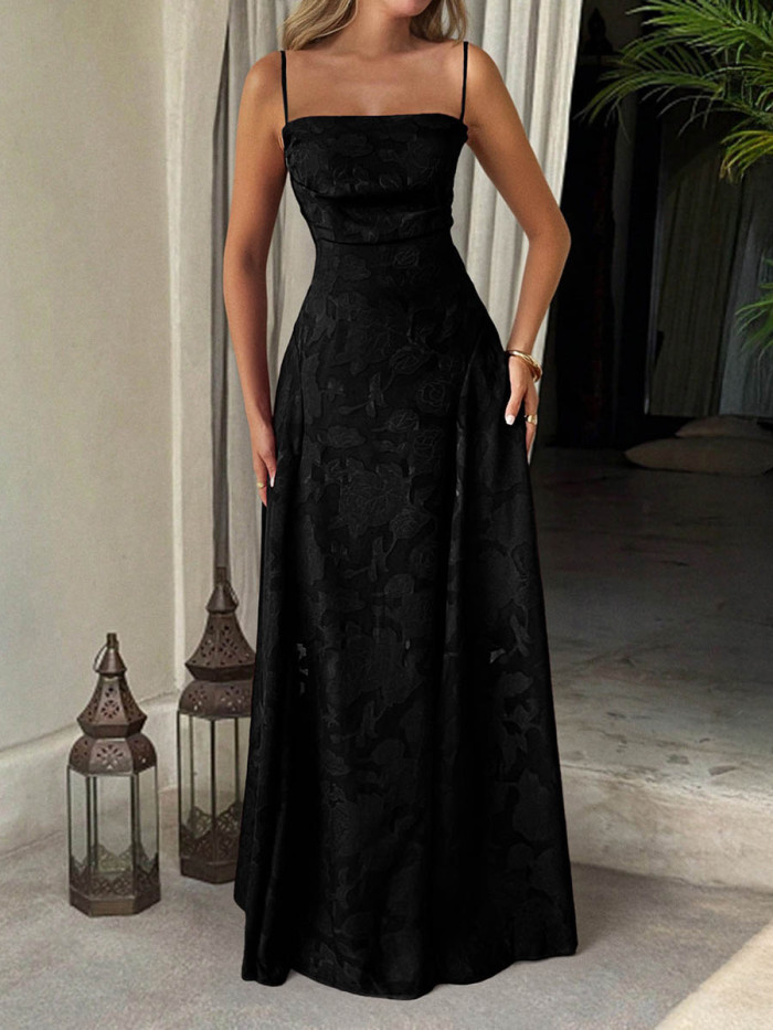 Solid Color Pleated Jacquard Sleeveless High Waisted Spaghetti-Neck Maxi Dresses