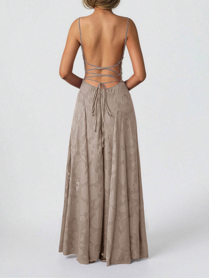 Solid Color Pleated Jacquard Sleeveless High Waisted Spaghetti-Neck Maxi Dresses