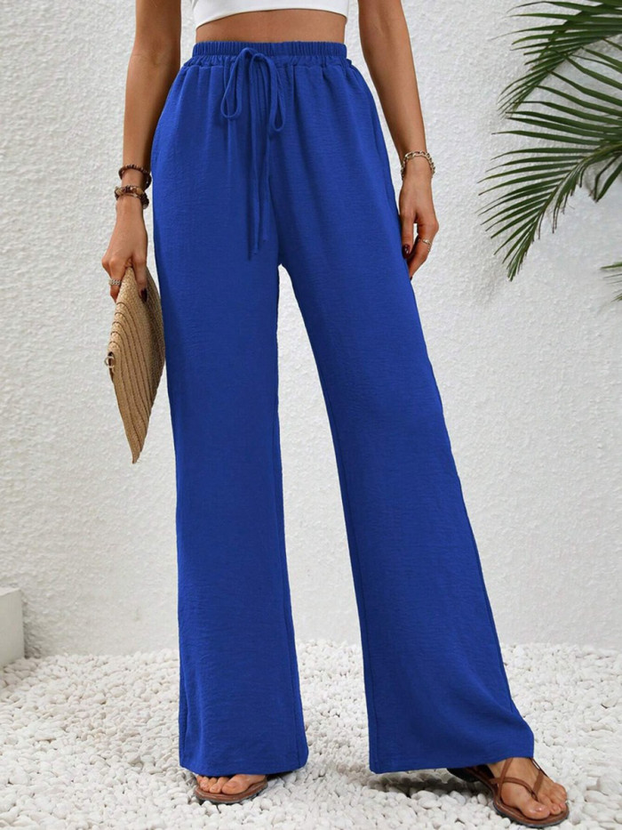 Tied Waist Solid Color Pleated Elasticity Wide Leg Loose Trousers Pants