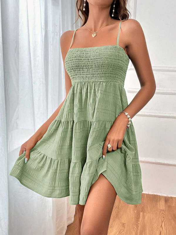 Split-Joint Solid Color Pleated Sleeveless High Waisted Spaghetti-Neck Mini Dresses