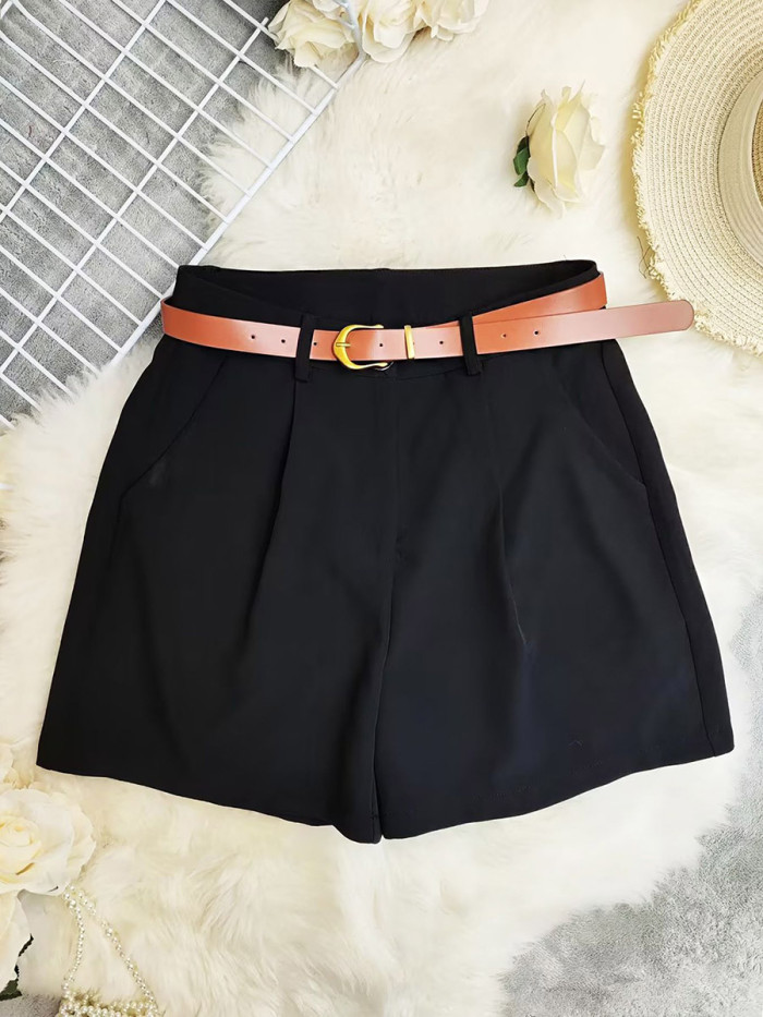 Solid Color Belted Wide Leg Loose Suit Pants Shorts